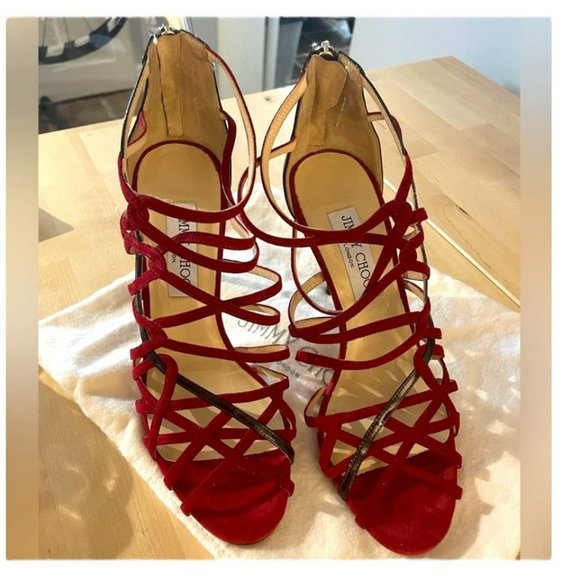 JIMMY CHOO FISCAL SUEDE & PATENT LEATHER STRAPPY STILETTO SANDALS (37.5) - Picture 4 of 8